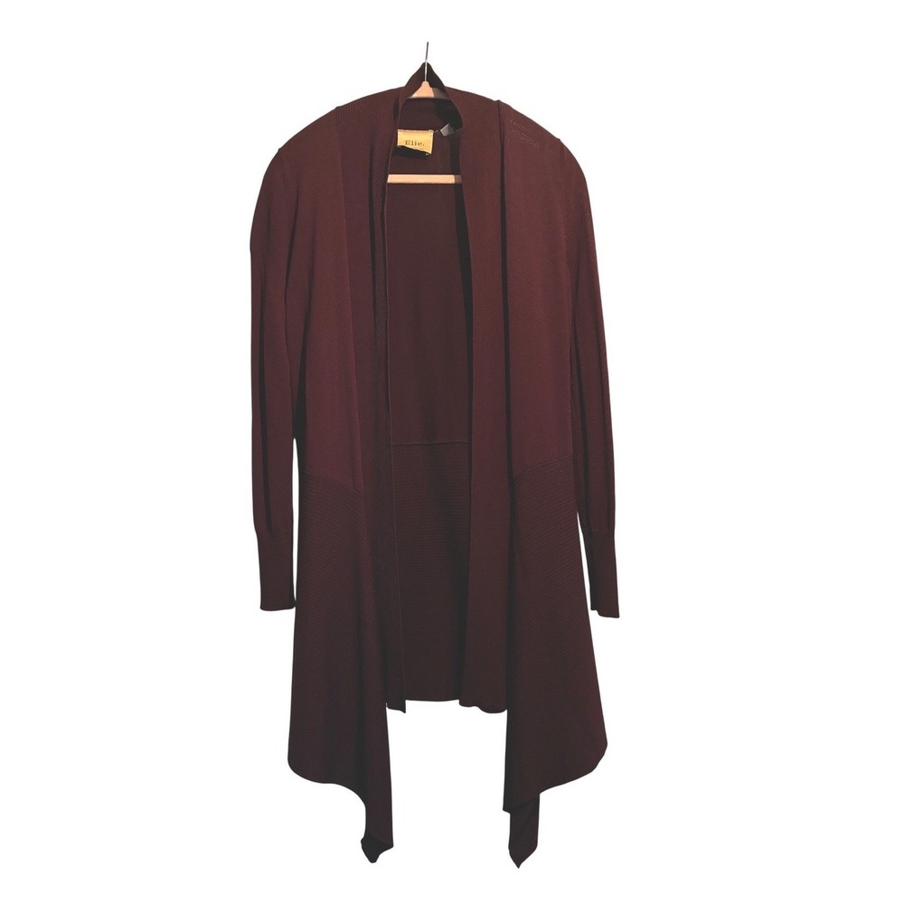 Elie Tahari Burgundy Ribbed Draped Open Front Waterfall Cardigan S Office Wear